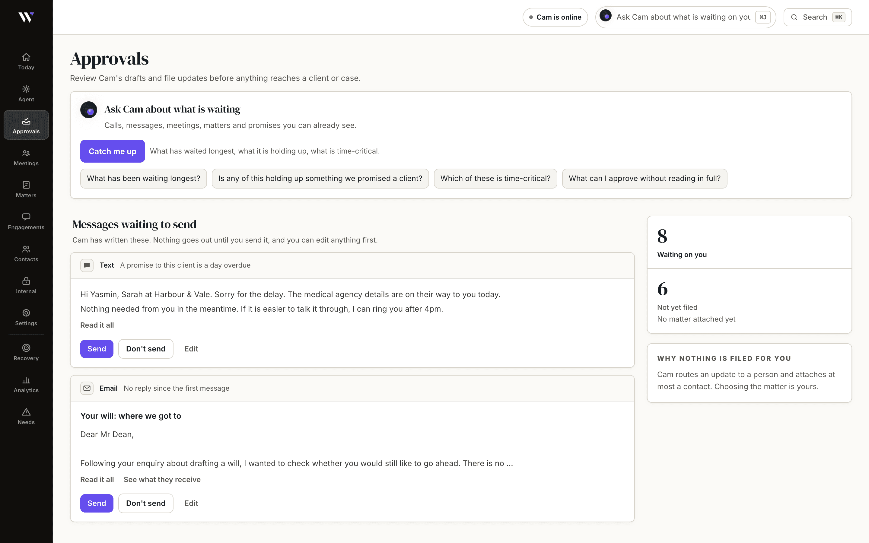 The Approvals screen in WasilX, with two messages Cam has drafted waiting for a person to send, decline or edit.