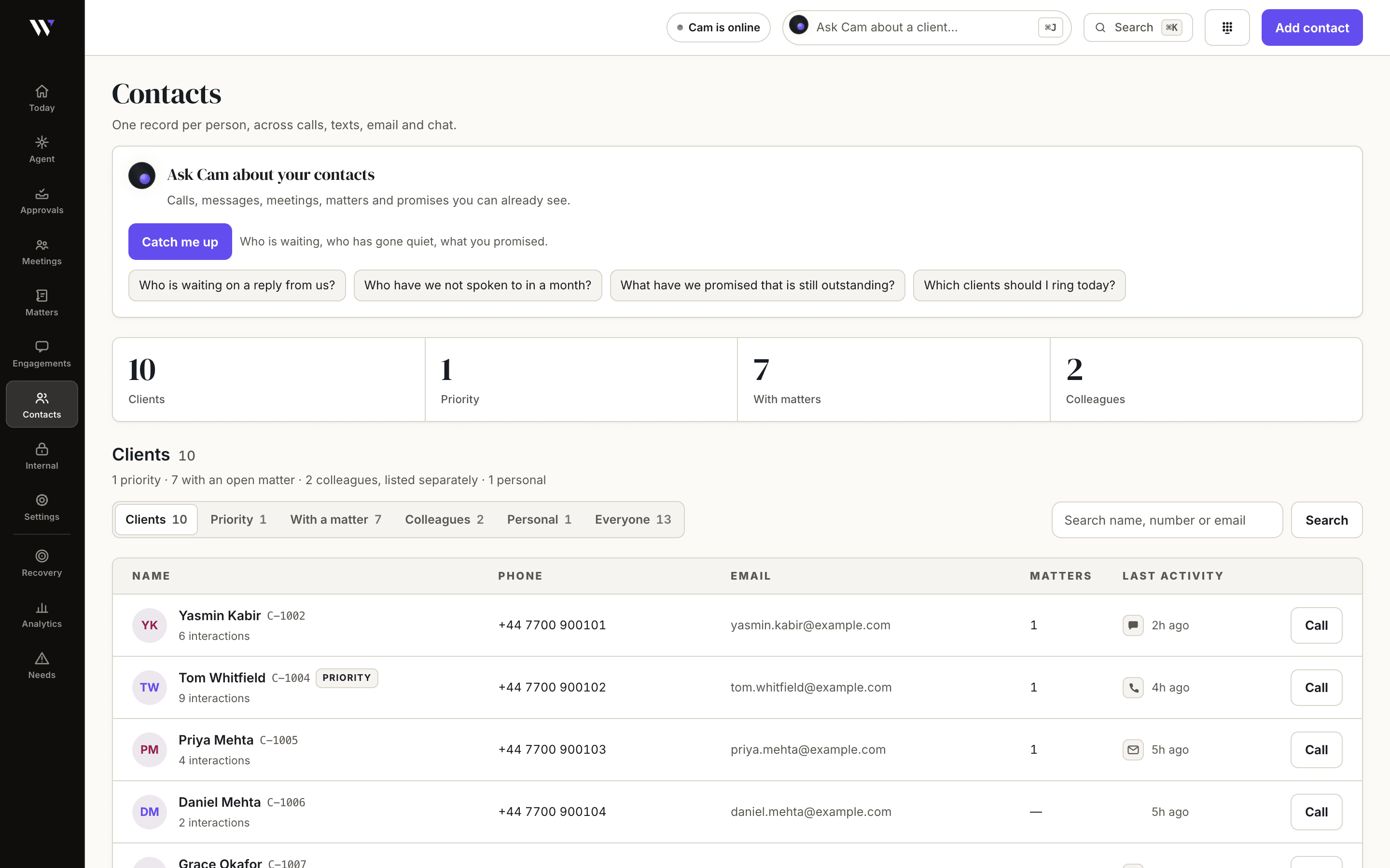 The WasilX contacts table: one row per person with number, email, matters and last activity.