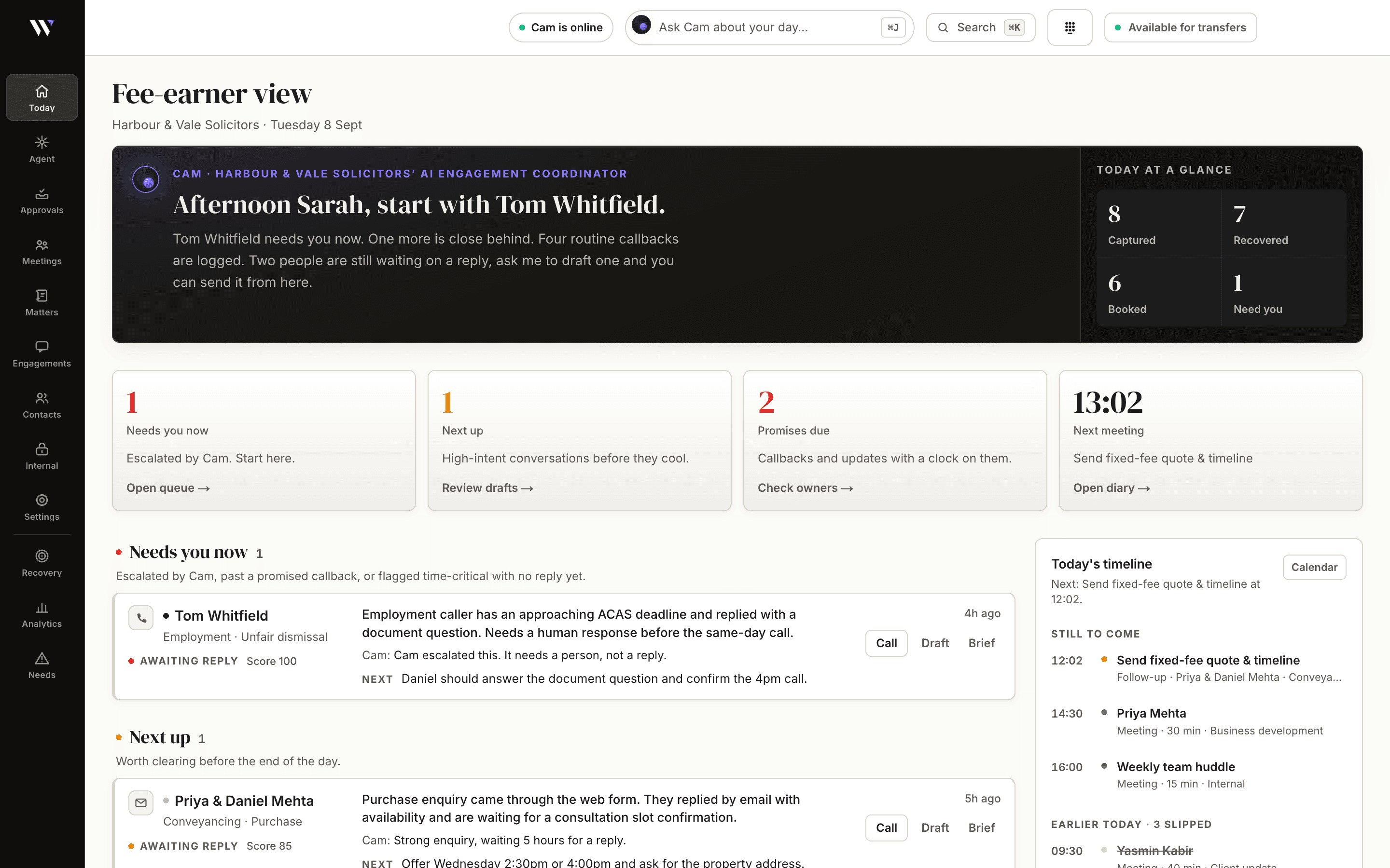 The fee-earner's day in WasilX: Cam's opening summary, what needs a person now, promises due, and the day's timeline.